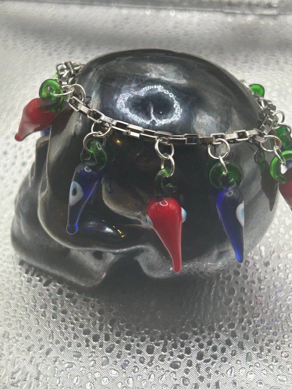 Handmade Blue and Red Glass Evil Eye Chili Bracelet